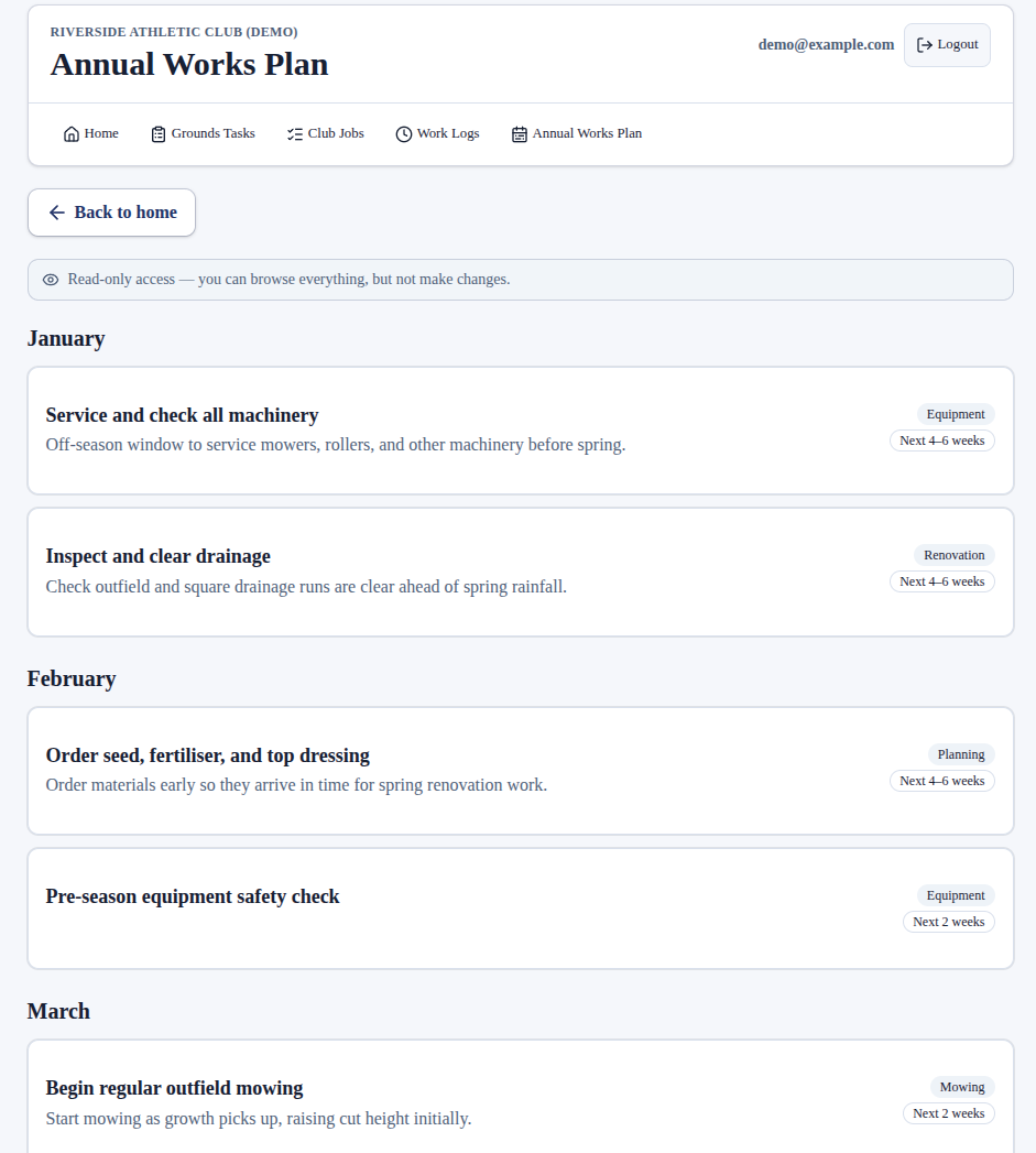 Annual Works Plan in the demo club, laid out month by month with tagged tasks