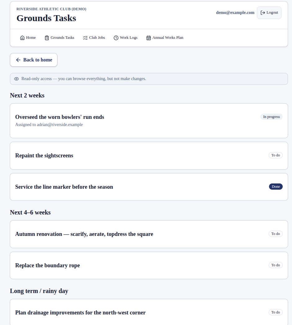 Grounds Tasks screen showing seasonal jobs grouped by timeframe with status labels